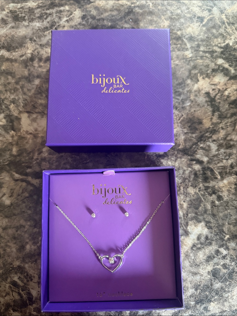 Silver Heart Necklace and Stud Earrings - Purple